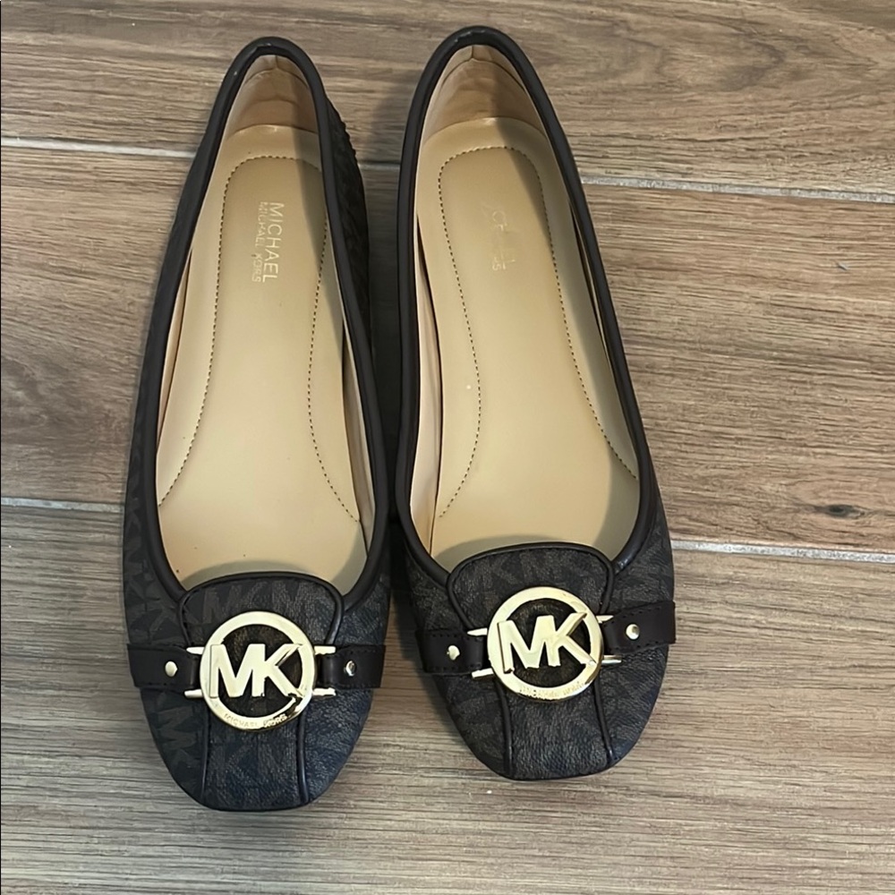 Michael Kors Brown and Black logo Flats with Gold Logo